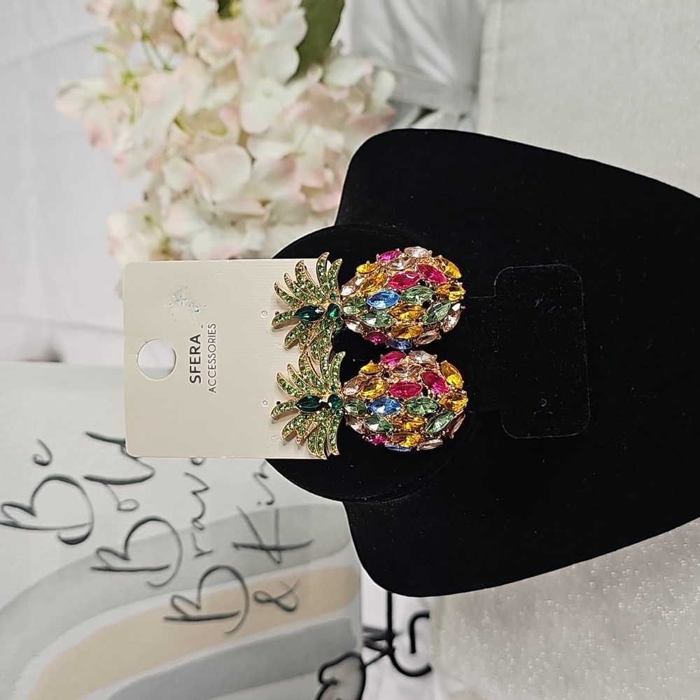 Earrings Pineple with Multicolored Stones Elegant Wear Vacation Resortwear Beach - Picture 9 of 10